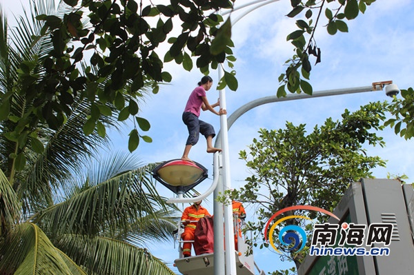 组图:女子爬上三亚湾9米高电线杆 腾跳自如拒救助