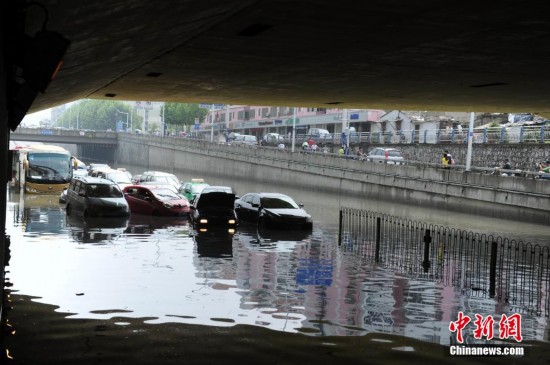 安徽合肥突降暴雨 数车被困桥下