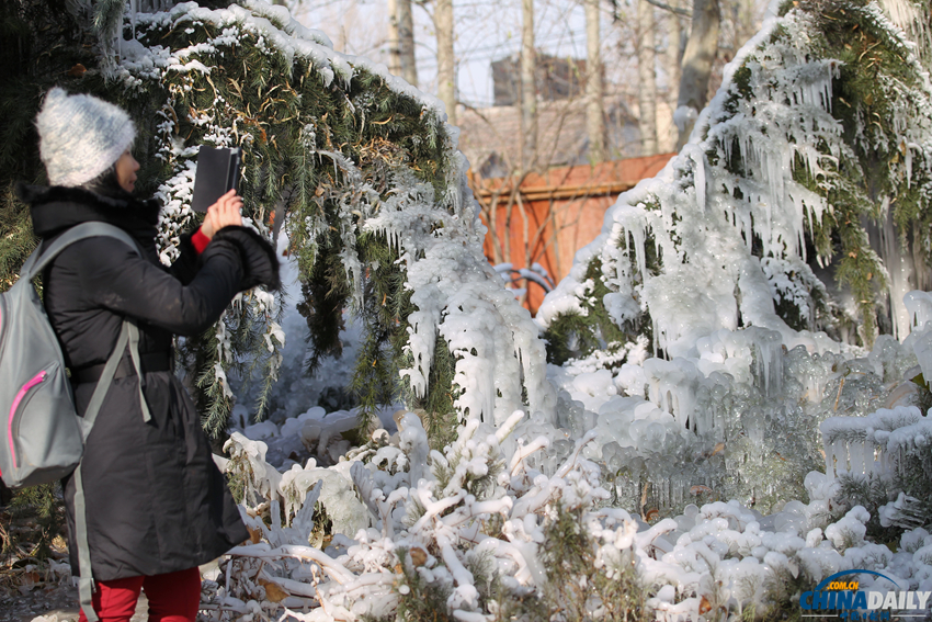 北京水管爆裂形成近300平米冰挂景观