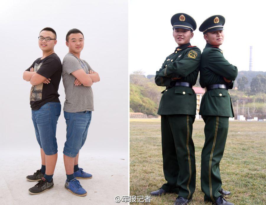 组图：双胞胎兄弟军营减肥励志 瘦下30斤