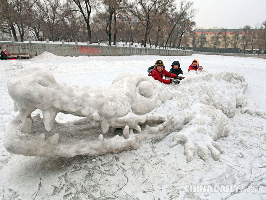 吉林一退休教师制作巨大鳄鱼雪雕造型逼真