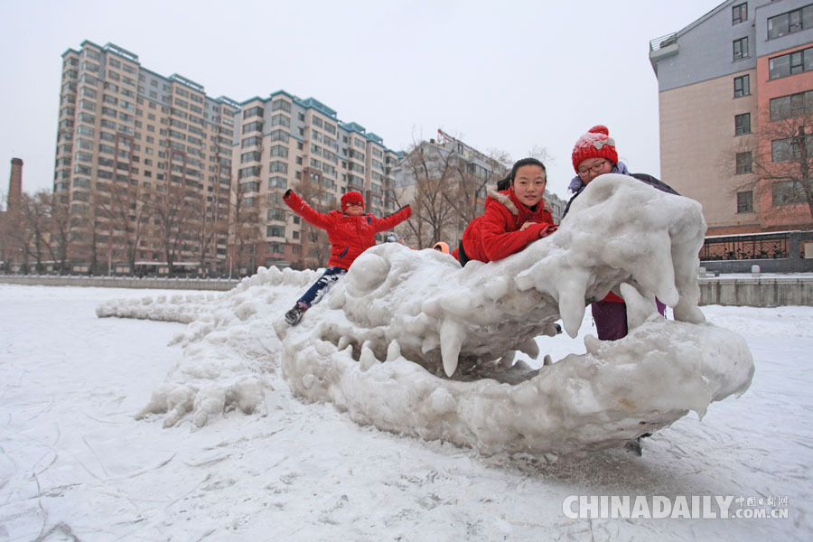 吉林一退休教师制作巨大鳄鱼雪雕造型逼真