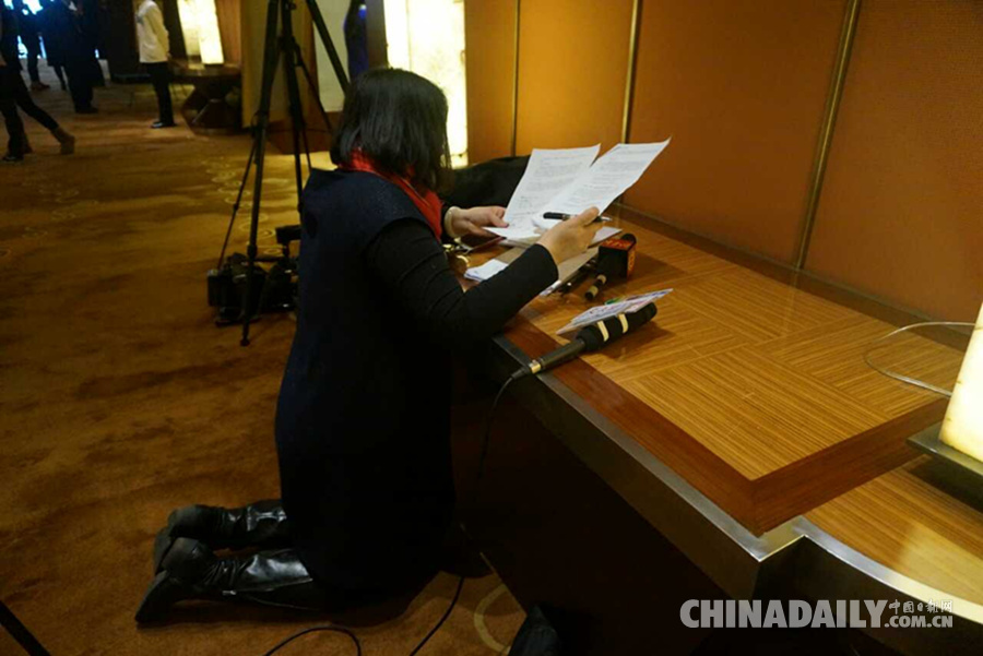 2015两会：女政协委员席地接受记者采访