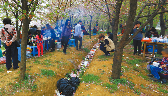 大批游客涌到平坝赏樱花 随手丢弃垃圾污染水源地