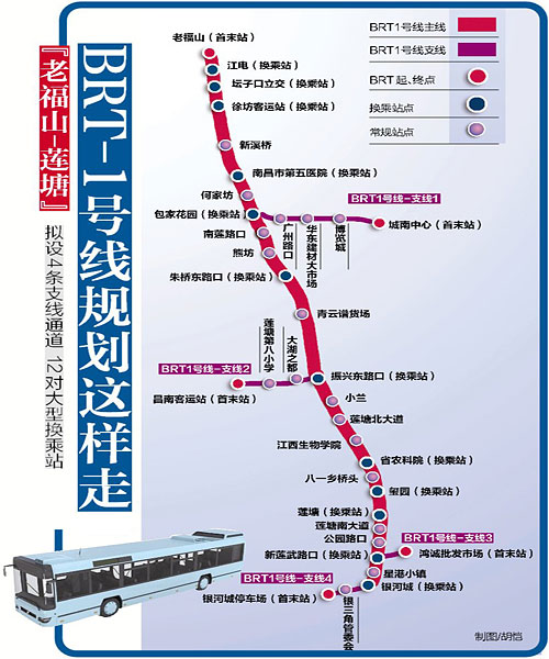 南昌BRT-1号线拟设4条支线通道 12对大型换乘站