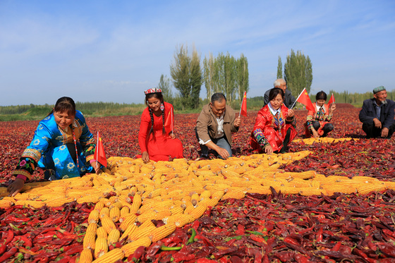 新疆博湖群众用玉米辣椒拼国旗 “晒秋”迎国庆