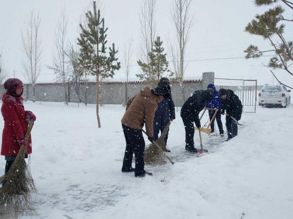 青河法院住村工作组冒着严寒帮助学校和村民清理积雪