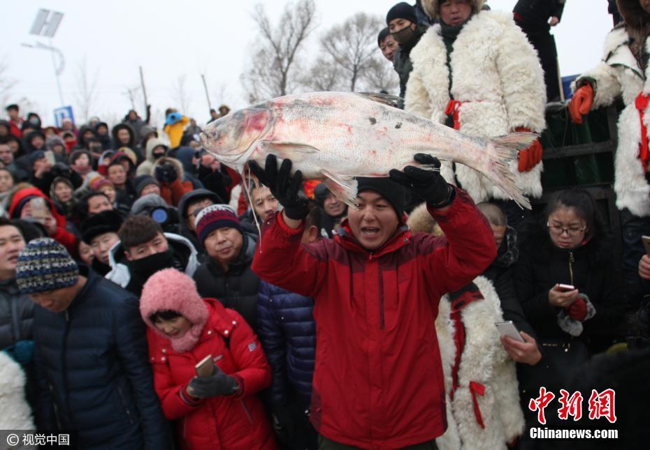 哈尔滨长岭湖冬捕冰钓节举办 首网捕鱼万余斤