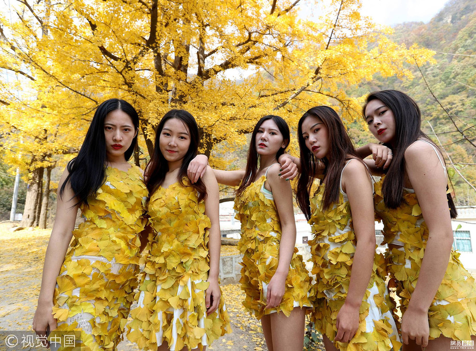 女大学生用银杏叶做“土豪金”时装