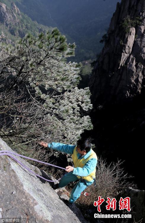 安徽黄山环卫放绳工悬崖绝壁下为游客捡手机