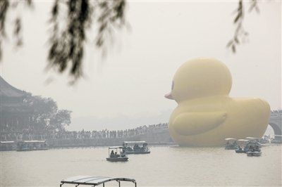 北京雾霾使游客舒适度下降 大黄鸭变色看不清