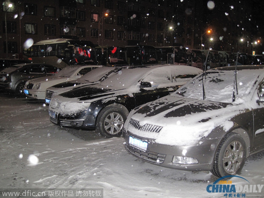 哈尔滨夜降暴雪 汽车道路披上银装 <BR>