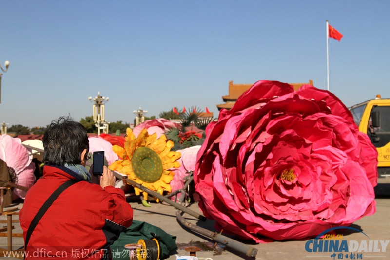 北京天安门广场花坛开始撤除 工作人员搬“巨花”引游客围观